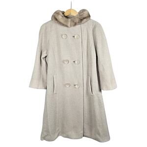 Vintage Fenway Wool Coat Small Beige Mink Fur Collar Double Breasted 50s 60s